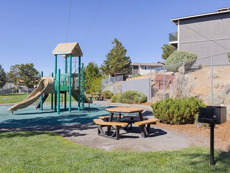Playground with a slide, climbing structure, and wooden picnic tables with a nearby grill.