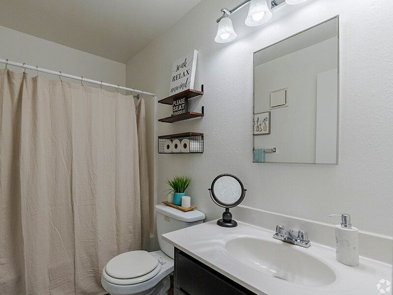 Bathroom in apartment with sink, mirror, toilet, and beige shower curtain.