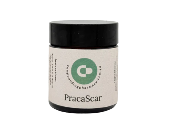Small jar of Pracascar scar cream, with a black lid and white label.