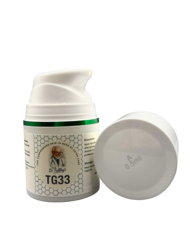 A white pump bottle of Dr. Luffy's TG33 cream with the lid beside it, showing a close-up.