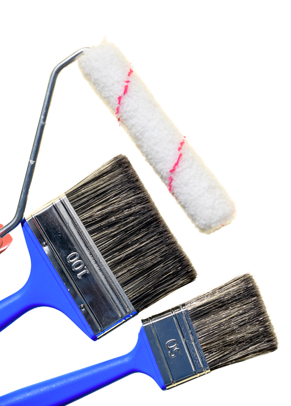 Two paint brushes and a paint roller on a white background