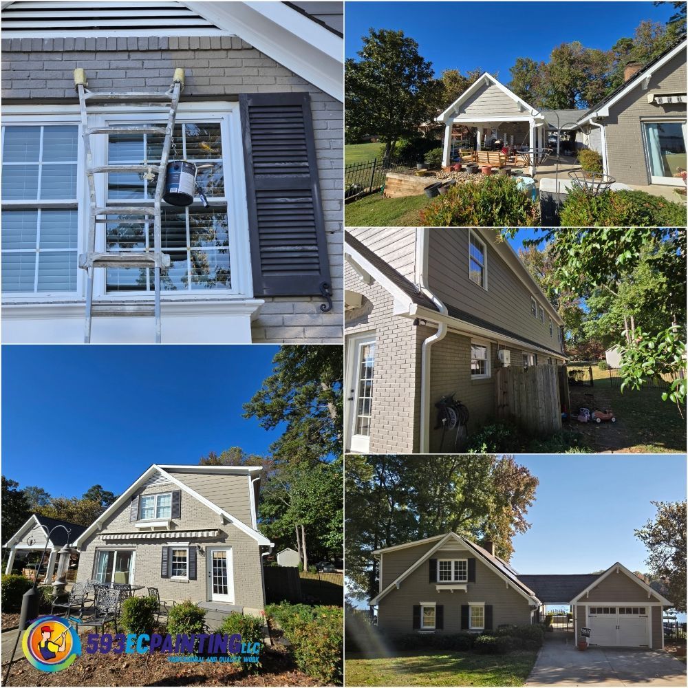 A collage of pictures of a house being painted