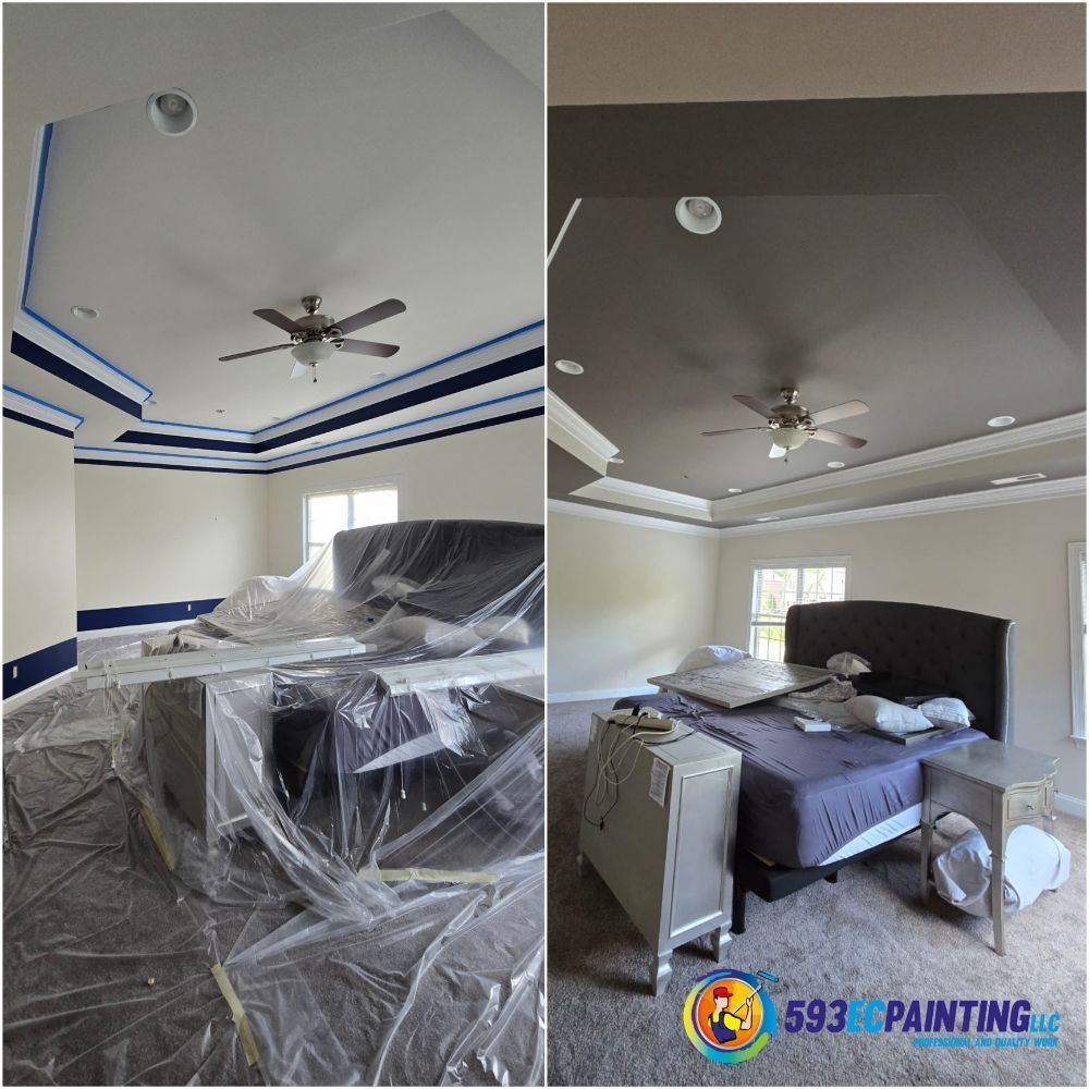 A bedroom before and after being painted with a ceiling fan.