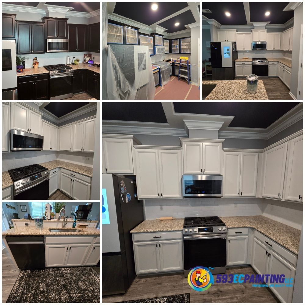 A collage of pictures of a kitchen being painted