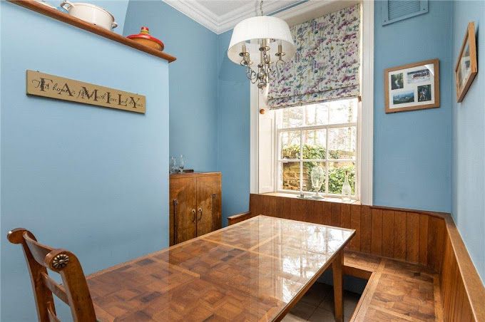 interior painting and decorating - kitchen - blue - white - cream - brown - large ceilings