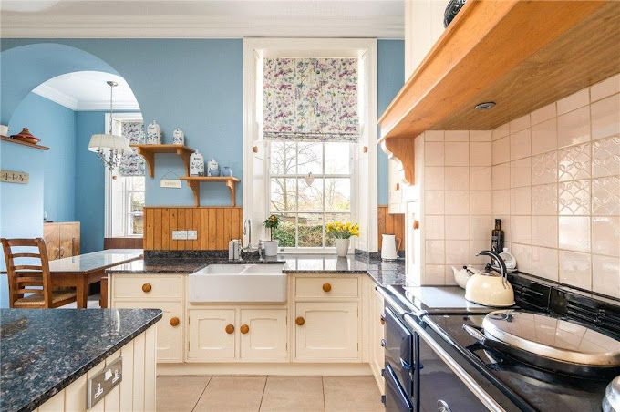 interior painting and decorating - kitchen - blue - white - cream - brown - large ceilings