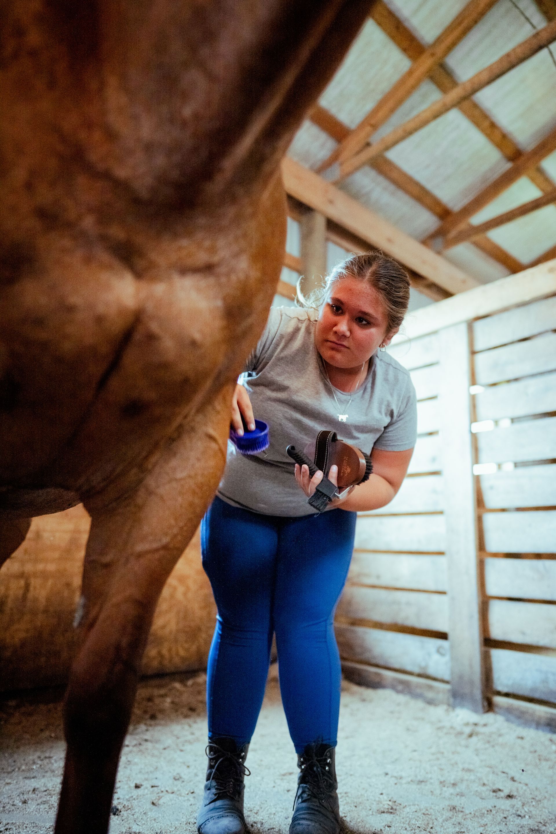 A woman is standing next to a horse in a barn.
