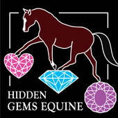 A logo for hidden gems equine with a horse and diamonds