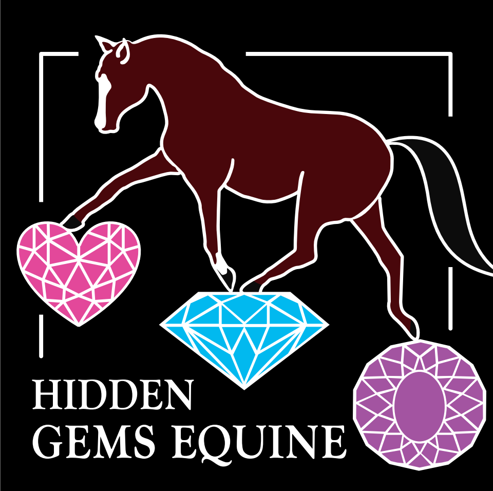 A logo for hidden gems equine with a horse and diamonds