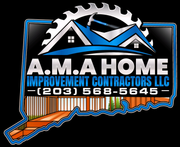 Logo for AMA Home Improvement Contractors, LLC. Black text and hammer icon, blueprint background.
