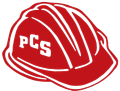A red hard hat featuring the white letters "PCS" on its side.