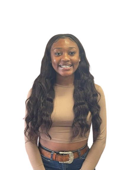 A woman wearing glasses and a striped shirt is giving a thumbs up.