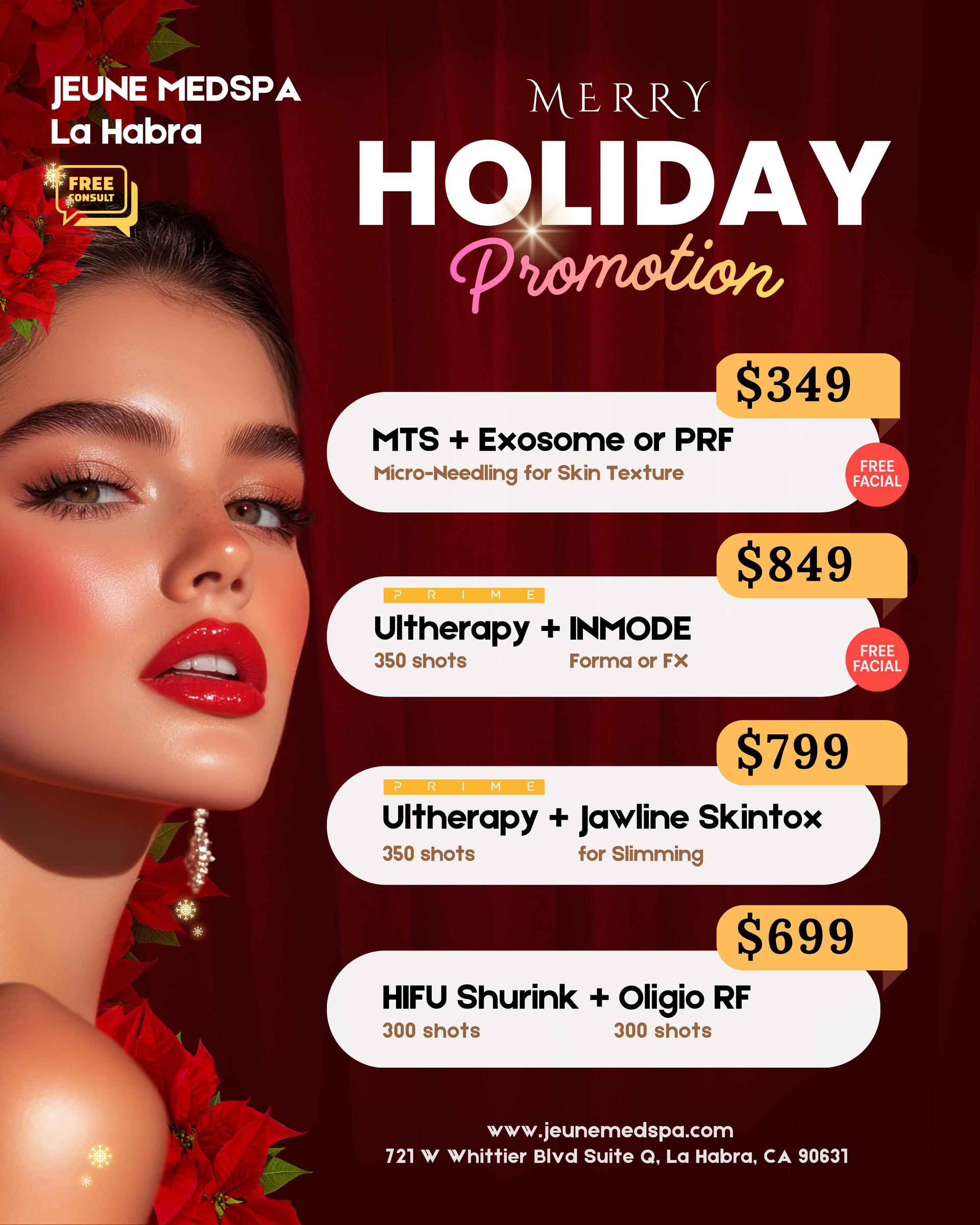 Ad for Jeune Medspa offering Ultherapy Prime treatments, with price and promotion details. Holiday promotion ad for Jeune Medspa. Features a woaman and pricing for medspa services.