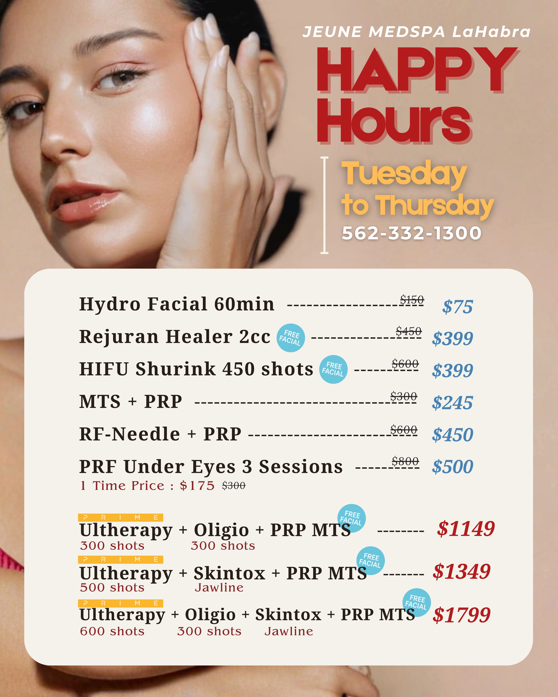 Ad for Jeune Medspa with services and Happy Hour pricing; woman holding face, tan background. Ad for Jeune Medspa with services and Happy Hour pricing; woman holding face, tan background.