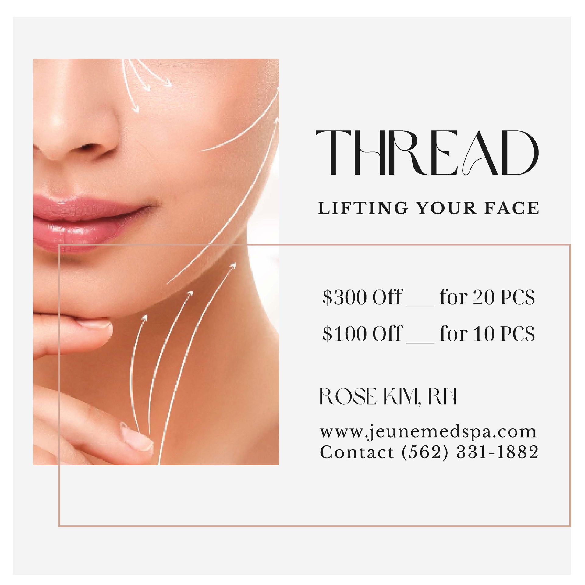An advertisement for thread lifting your face with a picture of a woman 's face