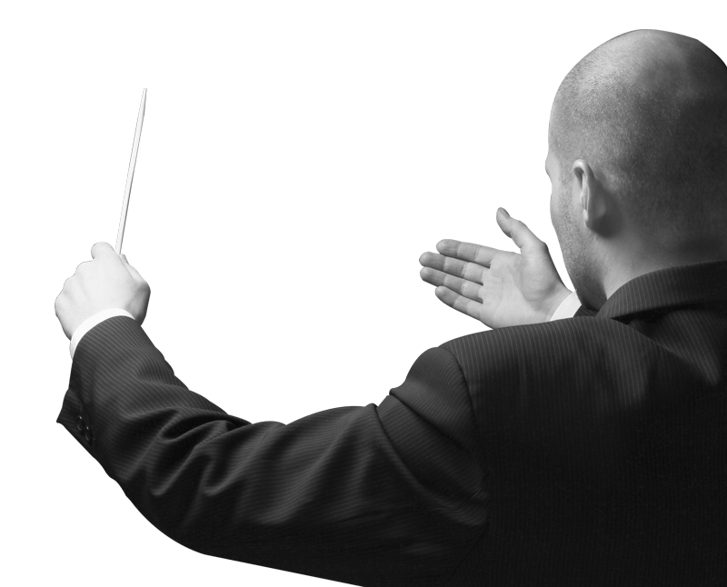 Direttore d'orchestra di spalle, dirige con una bacchetta bianca in mano