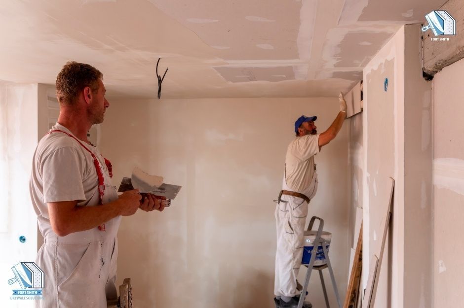 A team of drywall finishing specialists apply drywall compound and taping to a building under renovation. The construction site is active, with tools and materials, as workers carefully smooth the walls for a seamless drywall finish. This image represents drywall compound application for sheetrock finishing in 2111 Grand Ave, Fort Smith, AR.