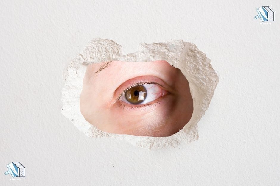 A close-up of an eye peering through a hole in a damaged wall, highlighting the need for hole repair and patching. The rough edges of the hole and exposed drywall texture indicate structural damage. This image represents expert need for drywall repair and patch services in 6800 Deerfield Dr, Fort Smith, AR 72916