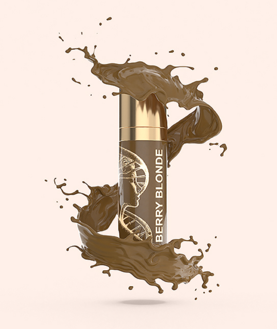 A bottle of berry blonde hair dye with a splash coming out of it.