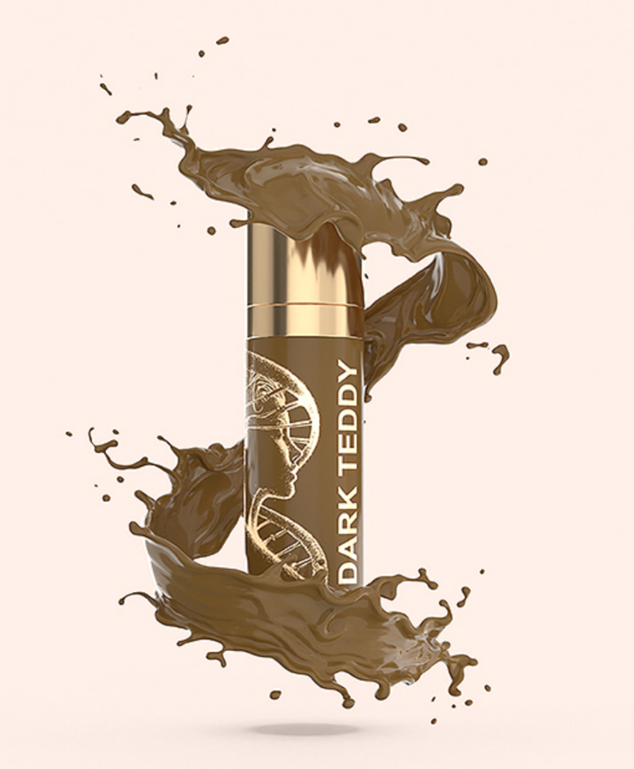 A bottle of dark teddy lipstick with chocolate splashing out of it.