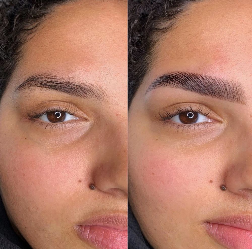 A before and after picture of a woman 's eyebrows.
