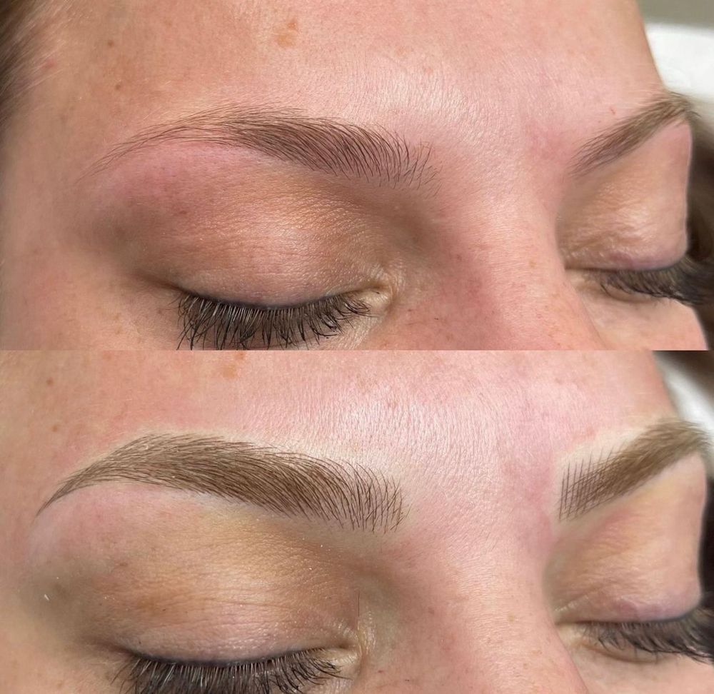 A before and after picture of a woman 's eyebrows.