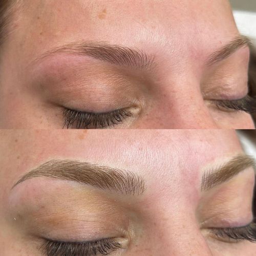 A before and after picture of a woman 's eyebrows.
