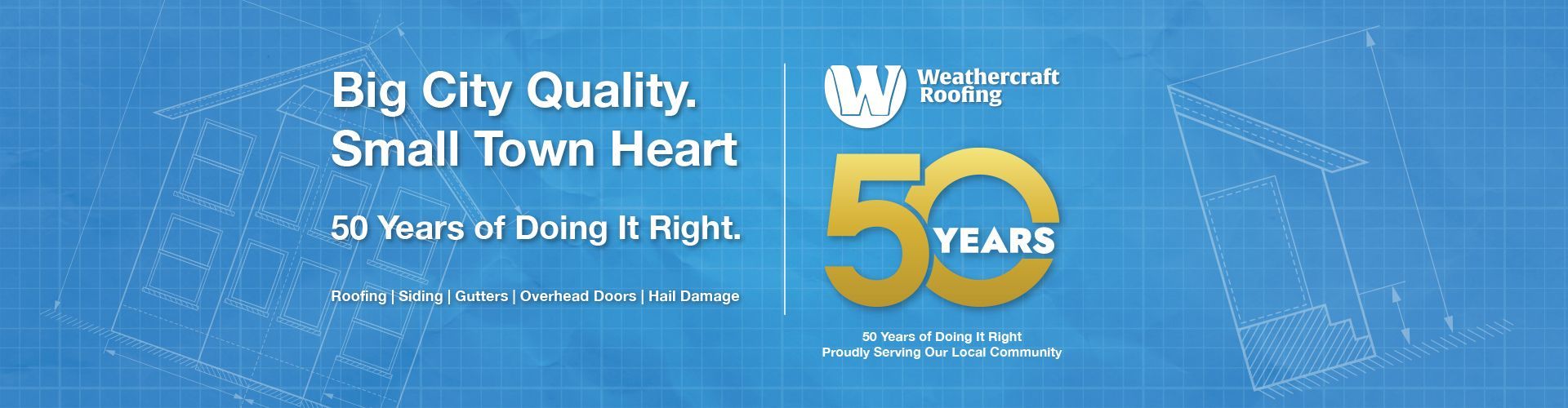 A blue grid background features text: