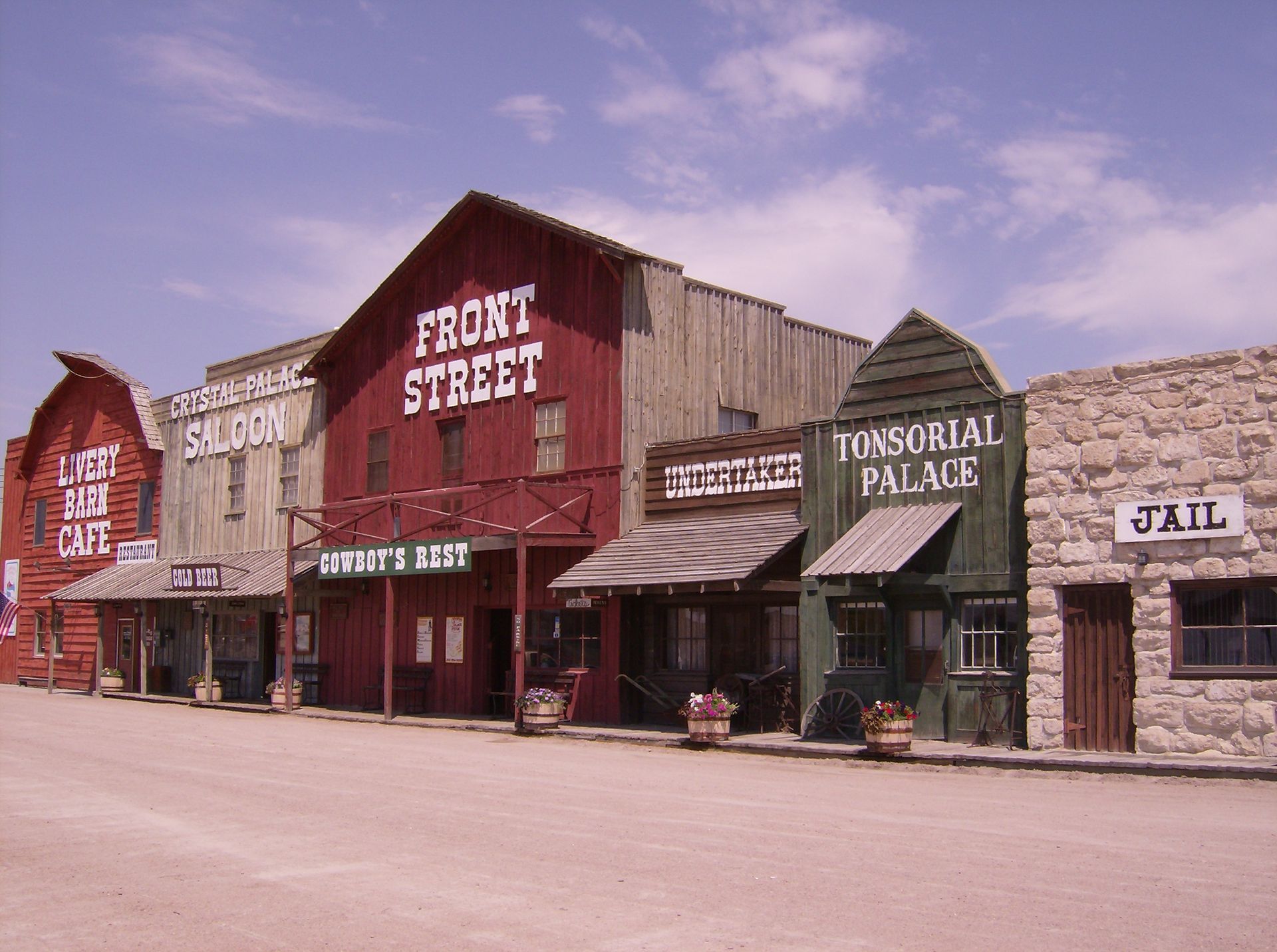 A row of old west buildings including front street