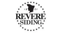 A black and white logo for revere siding with a silhouette of a woman in a circle of stars.