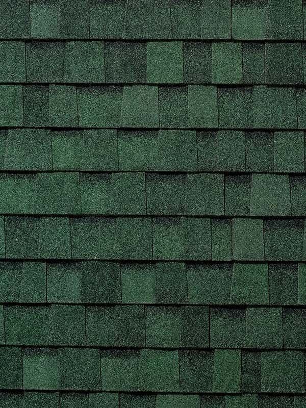 A close up of a row of green shingles on a roof.