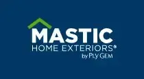 The logo for mastic home exteriors by ply gem is on a blue background.