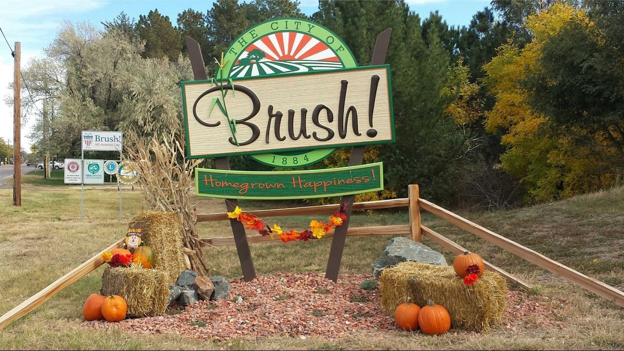 A sign that says brush is surrounded by pumpkins and hay bales.