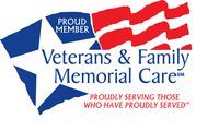 Logo for Veterans & Family Memorial Care, featuring a blue star and red stripes with the text, 