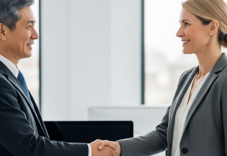 A group of business people are putting their hands together.