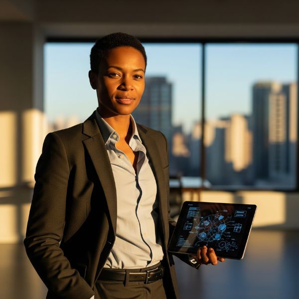 professional woman holds tablet