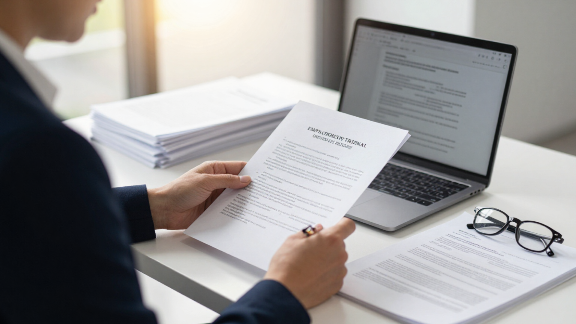 Business owner reviewing an employment tribunal case and dismissal process documentation
