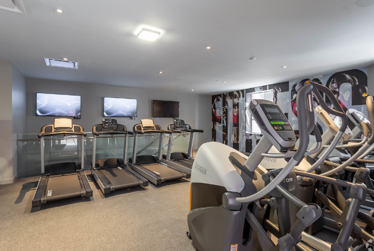 A gym with a lot of treadmills and exercise bikes