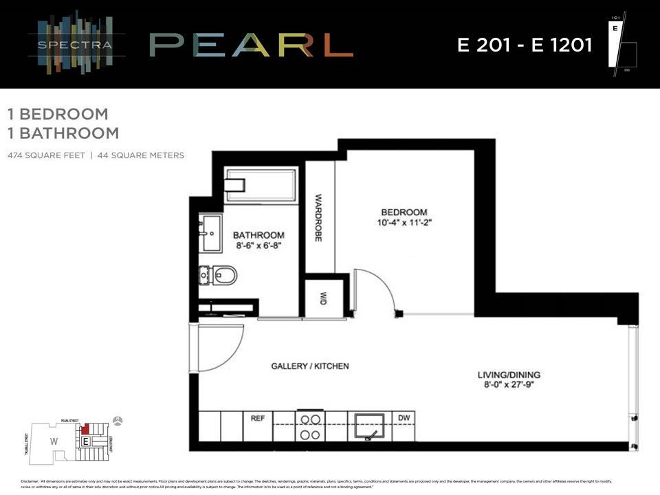 A floor plan of a 1 bedroom apartment with a bathroom.