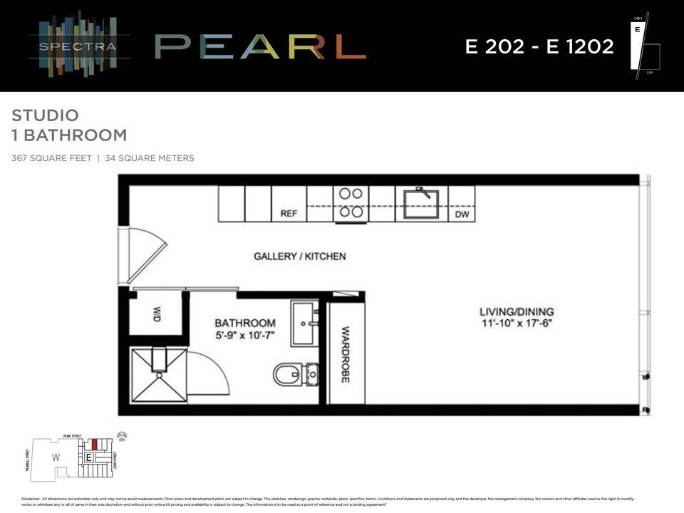 Floor plan for a studio apartment in the Pearl building, with a gallery kitchen, bathroom, and living/dining area.