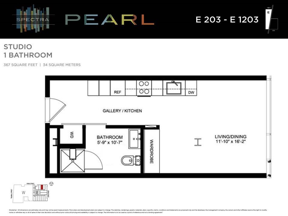 Floor plan of a studio apartment at Spectra Pearl, featuring a living/dining area, gallery kitchen, and bathroom.
