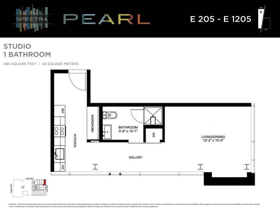 Floor plan for a studio apartment in the Pearl building, showing a kitchen, living area, bathroom, and wardrobe.