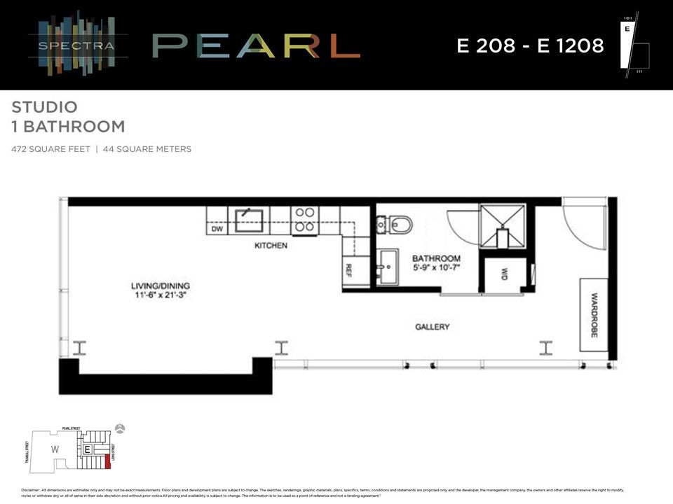 Floor plan of a studio apartment, labeled 