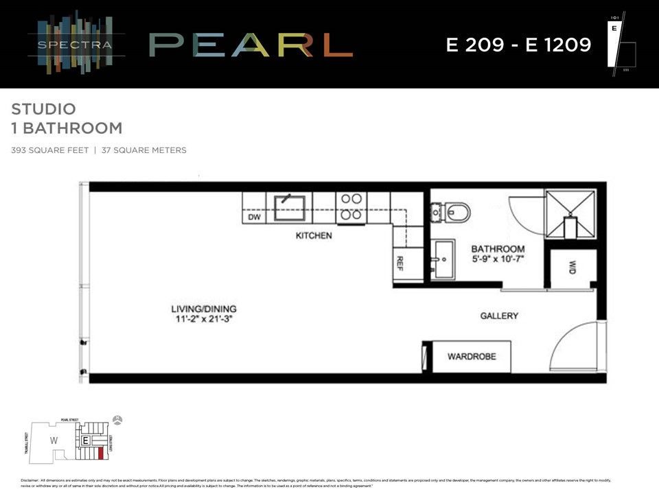 Floor plan of a studio apartment with one bathroom. Includes kitchen, living/dining area, bathroom, gallery, and wardrobe.
