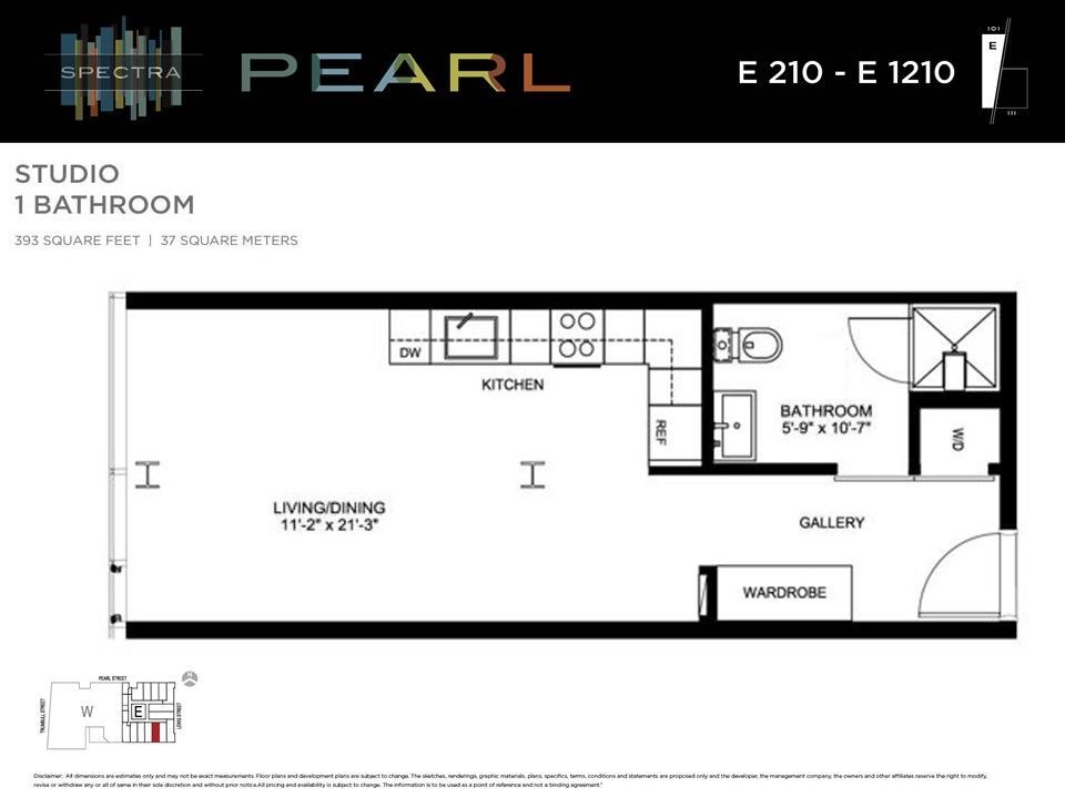 Floor plan of a studio apartment with a kitchen, living/dining area, bathroom, gallery, and wardrobe. It is labeled 