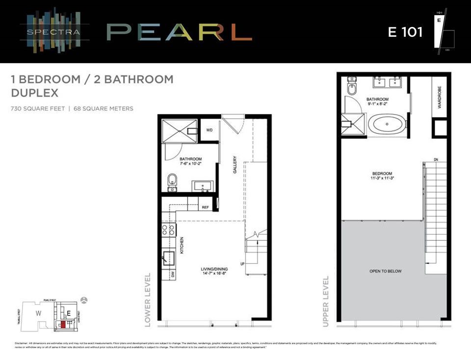 A floor plan of a 1 bedroom / 2 bathroom duplex.