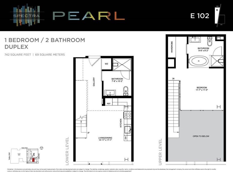 A floor plan of a 1 bedroom / 2 bathroom duplex.