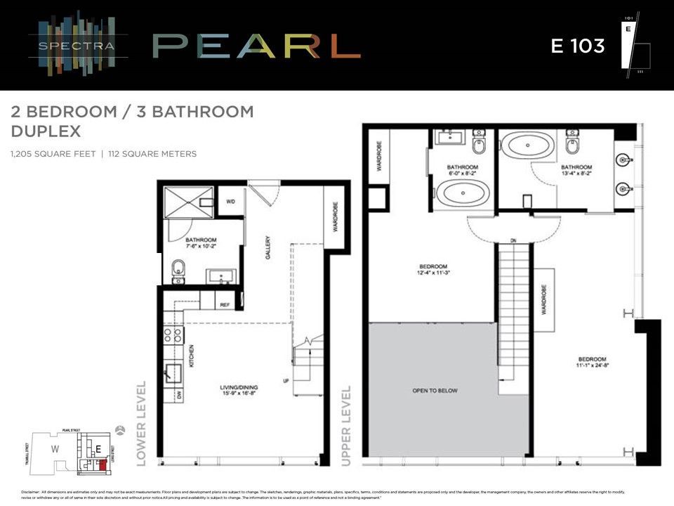 A floor plan of a 2 bedroom / 3 bathroom duplex.