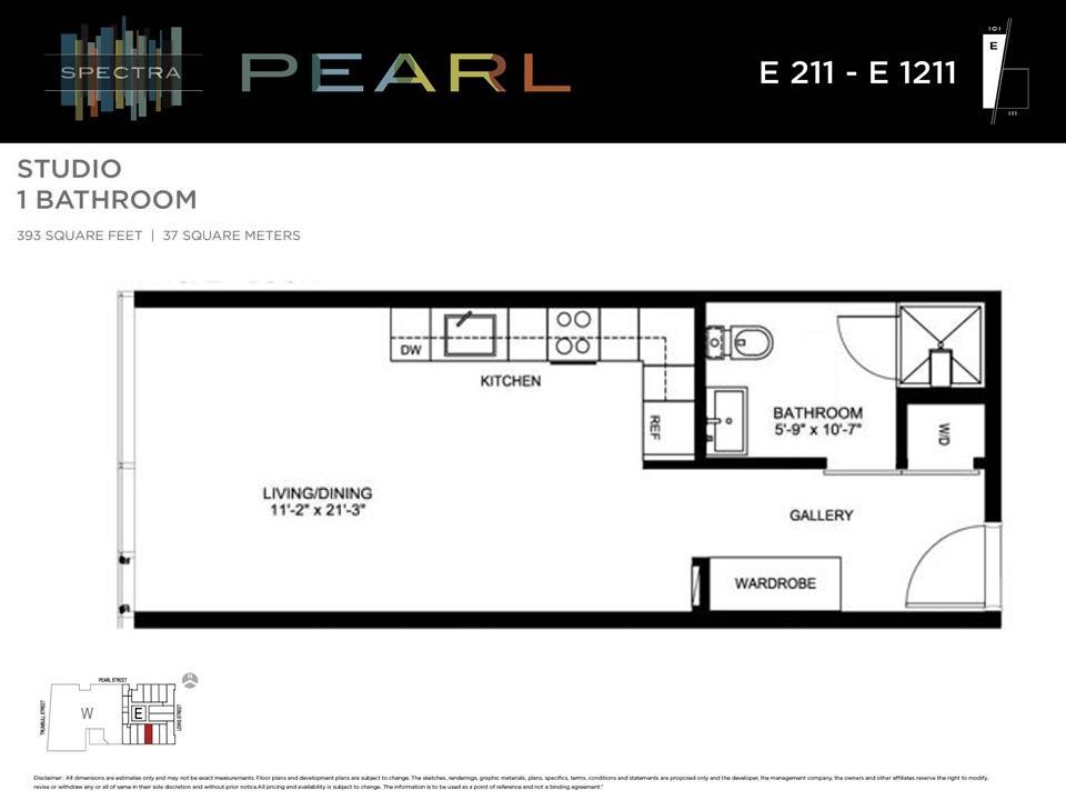Floor plan of a studio apartment. Includes a kitchen, bathroom, wardrobe, living space, and gallery.