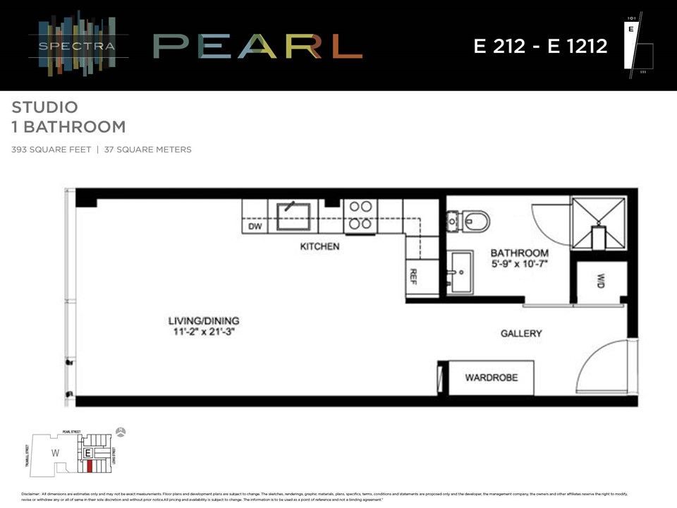 Floor plan for a studio apartment in the Pearl building, showing a living/dining area, kitchen, bathroom, gallery, and wardrobe.